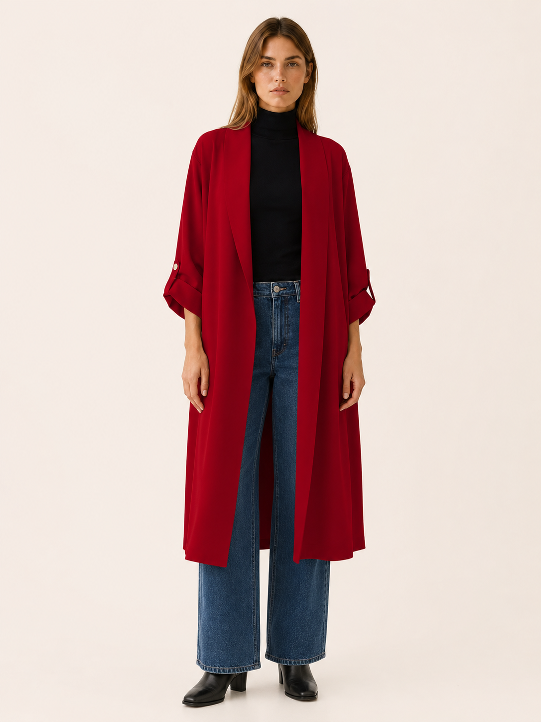 Maribel Open-Front Long Trench Coat