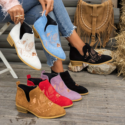 Dahlia Embroidered Low-Heel Ankle Boots