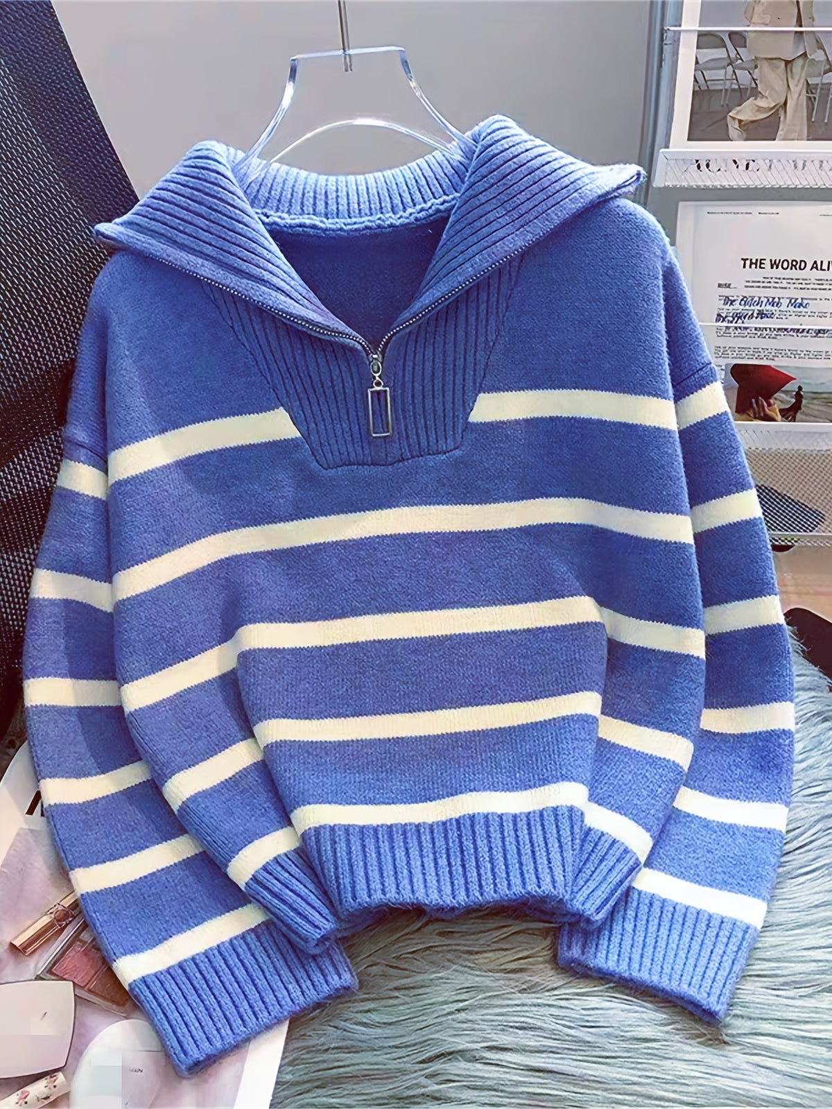 Cosette Striped Half-Zip Collared Sweater