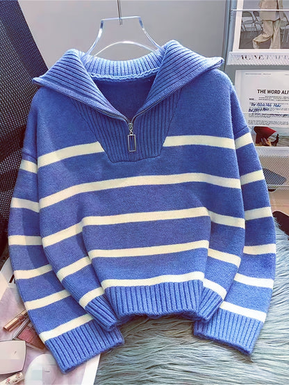 Cosette Striped Half-Zip Collared Sweater