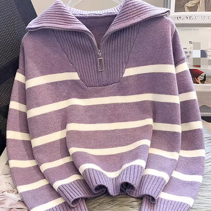 Cosette Striped Half-Zip Collared Sweater