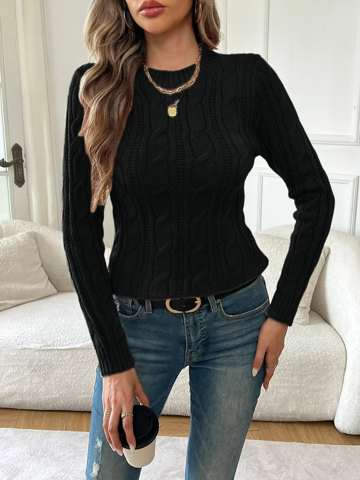 Verena Cable-Knit Round-Neck Sweater