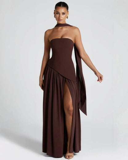 Elena Strapless Lace-Up Slit Maxi Dress