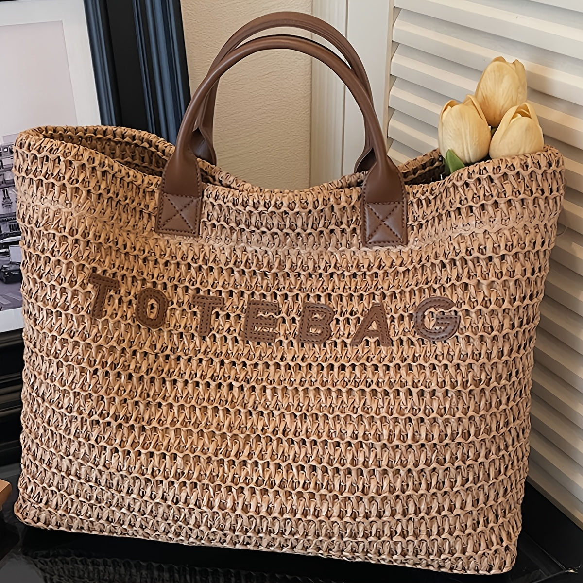 Vespera Woven Leather Handle Tote Bag