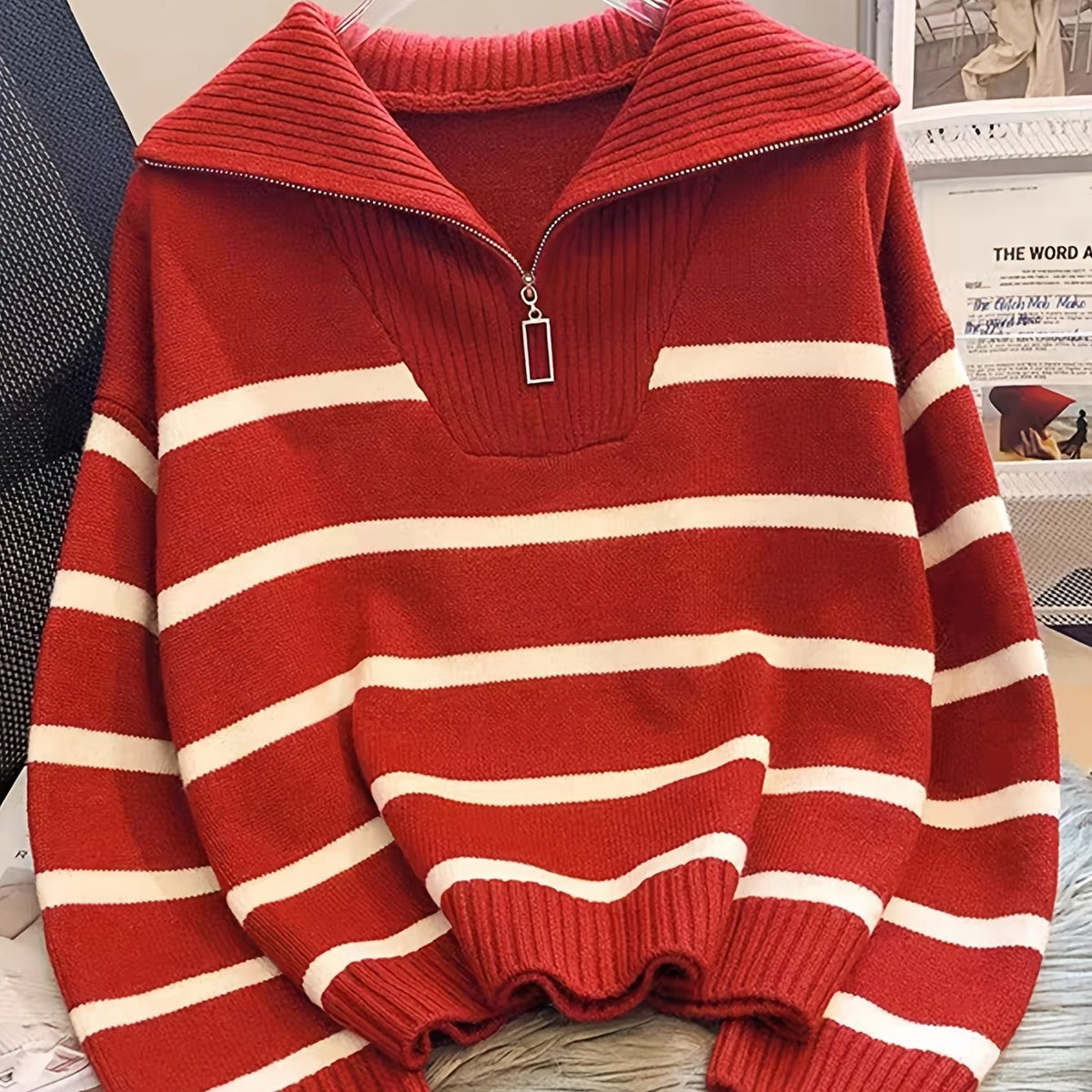 Cosette Striped Half-Zip Collared Sweater