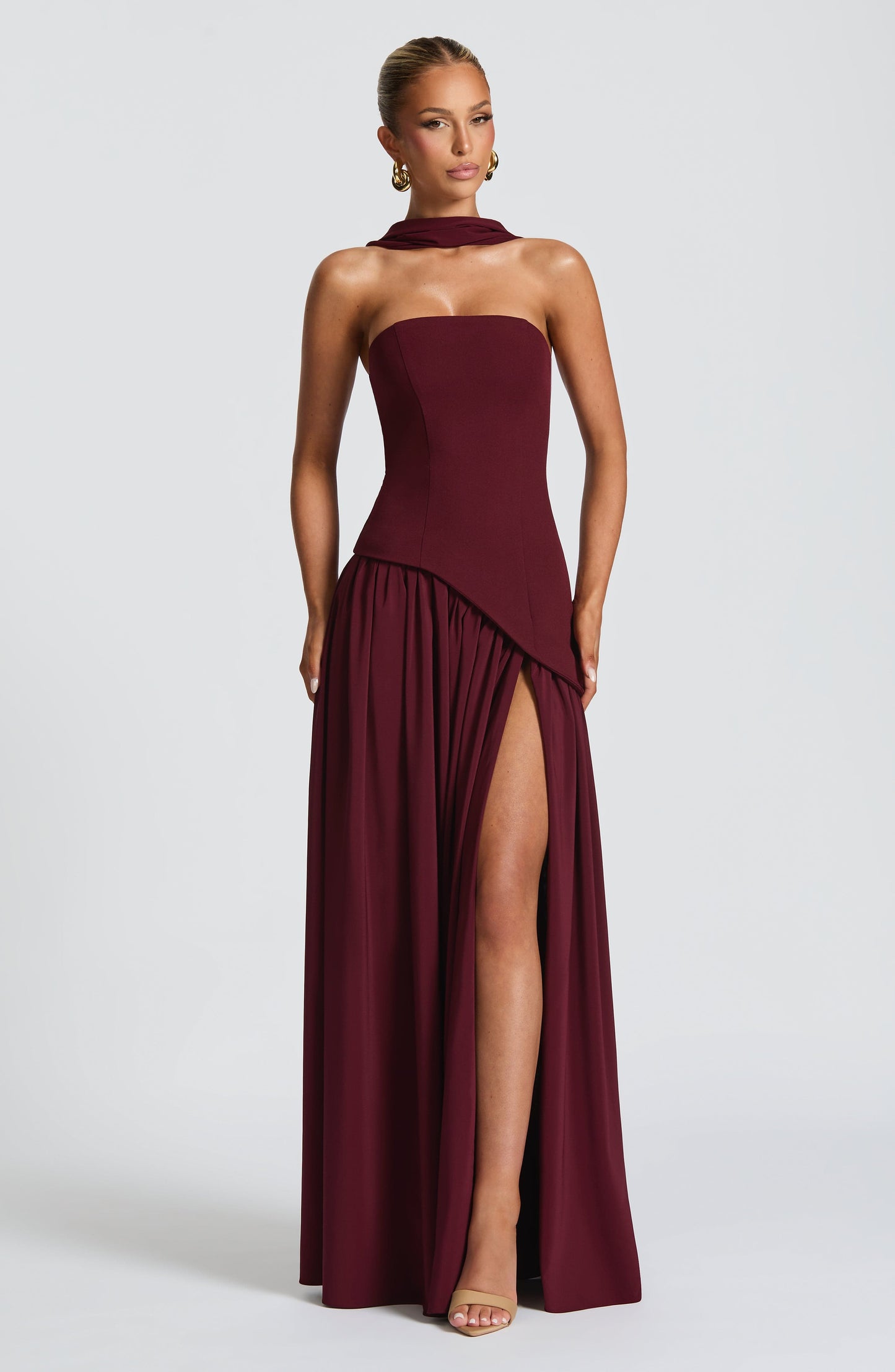 Elena Strapless Lace-Up Slit Maxi Dress