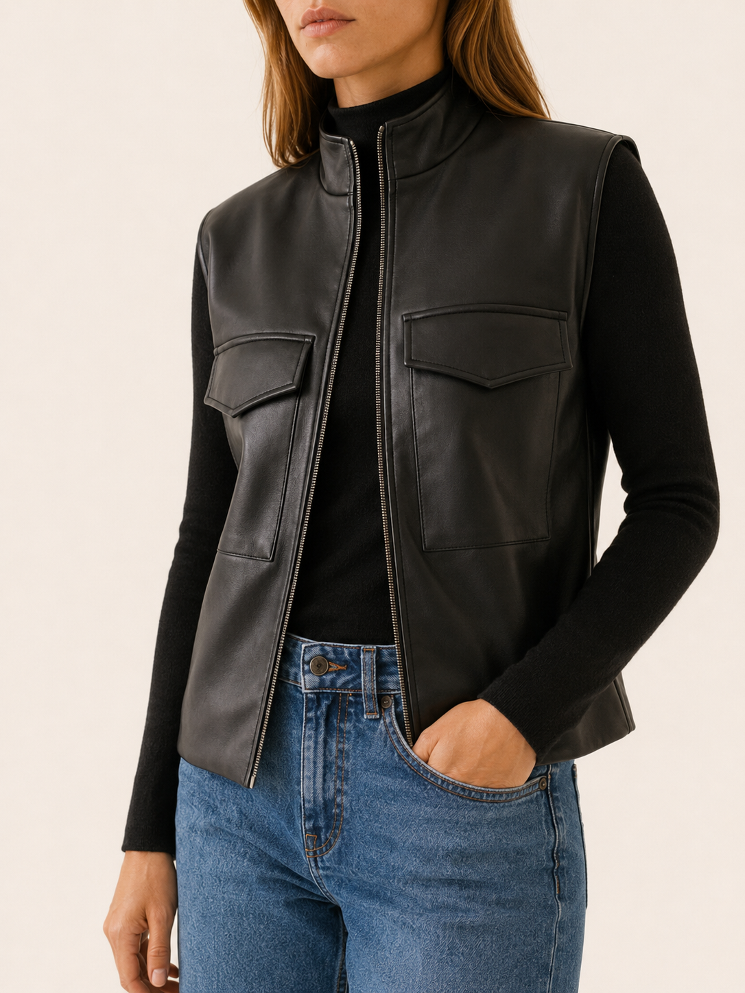 Palmina Sleeveless Faux Leather Utility Jacket