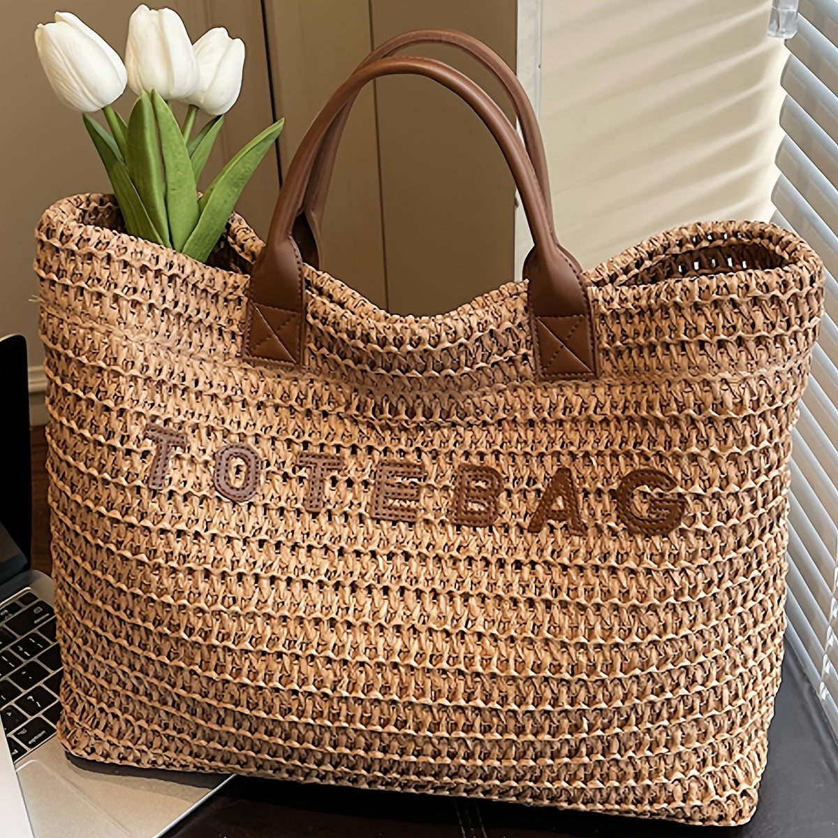 Vespera Woven Leather Handle Tote Bag