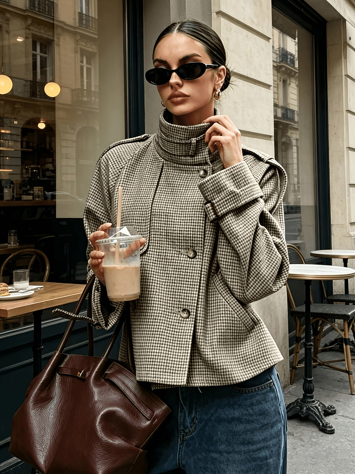 Cecelia Houndstooth Stand-Collar Jacket