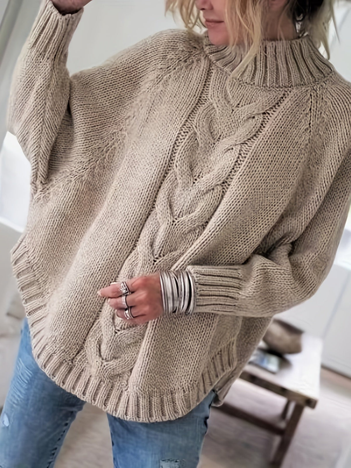 Eira Wool Cable-Knit High-Neck Sweater