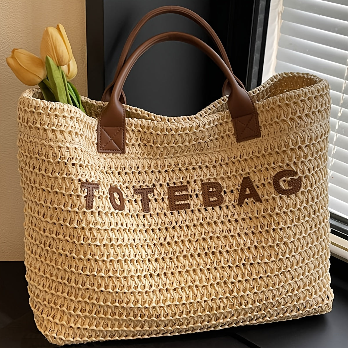 Vespera Woven Leather Handle Tote Bag