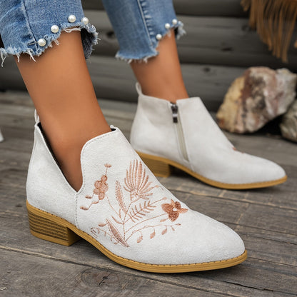 Dahlia Embroidered Low-Heel Ankle Boots