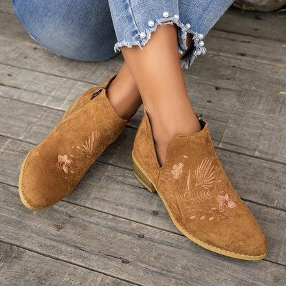 Dahlia Embroidered Low-Heel Ankle Boots