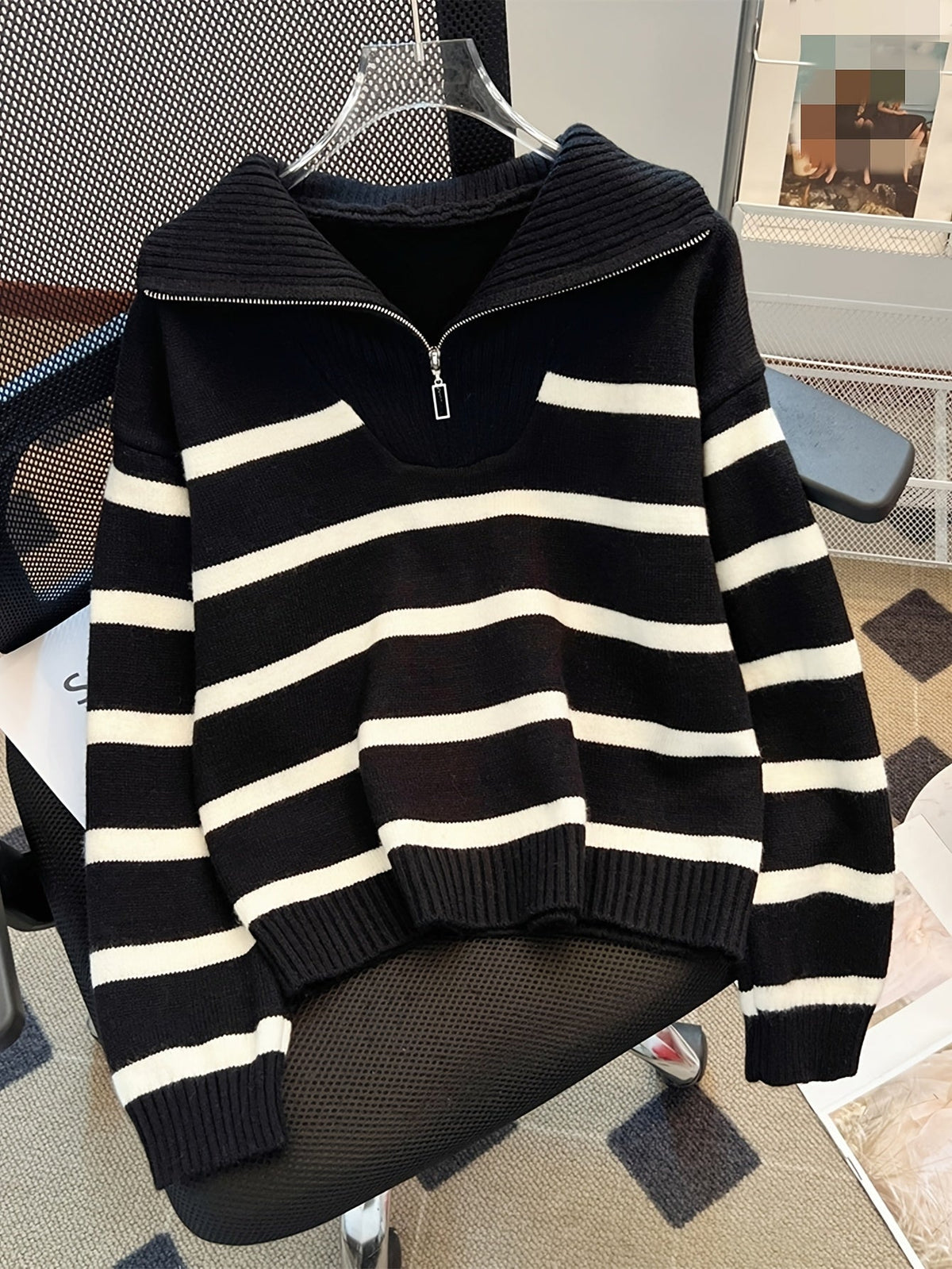 Cosette Striped Half-Zip Collared Sweater