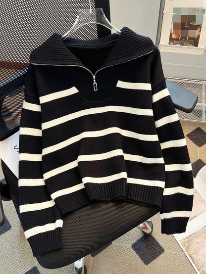 Cosette Striped Half-Zip Collared Sweater