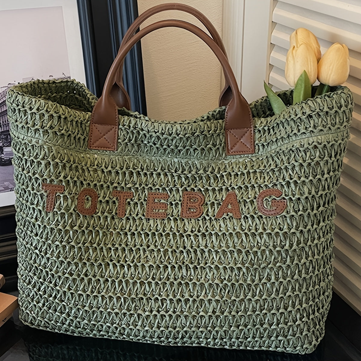 Vespera Woven Leather Handle Tote Bag