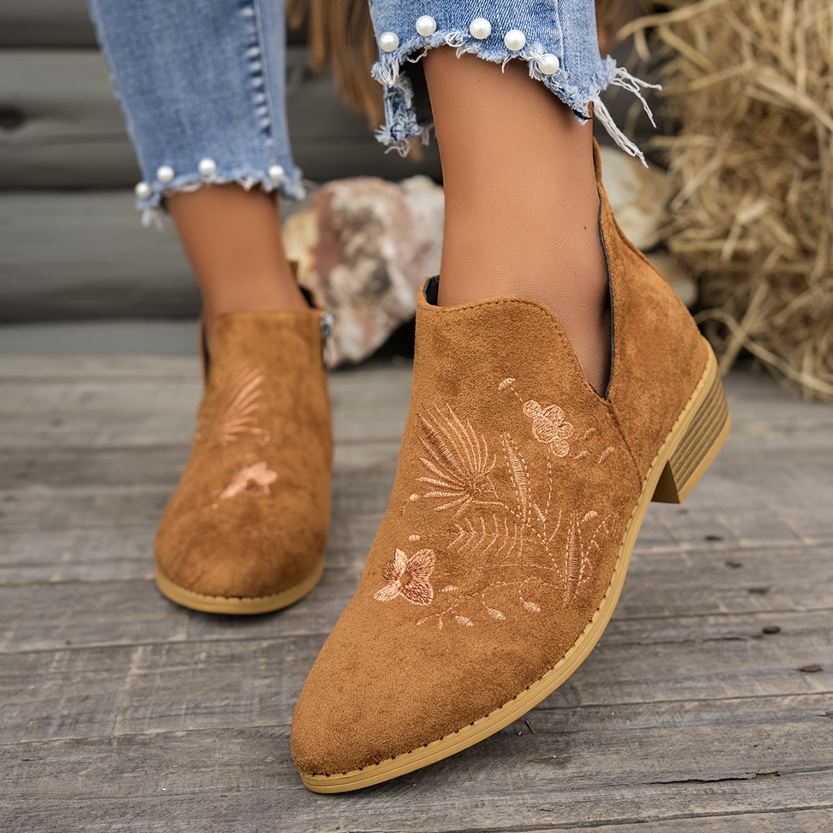 Dahlia Embroidered Low-Heel Ankle Boots