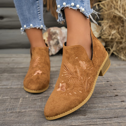 Dahlia Embroidered Low-Heel Ankle Boots