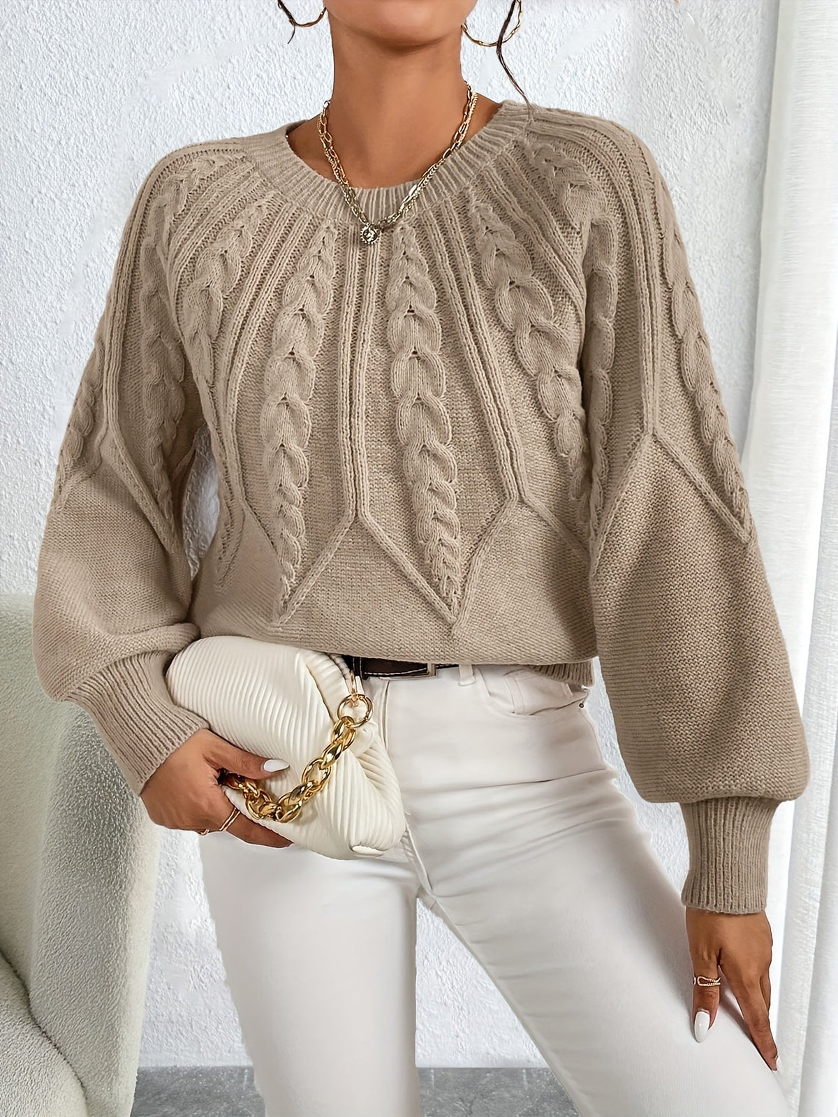 Coralie Cable-Knit Lantern Sleeve Sweater