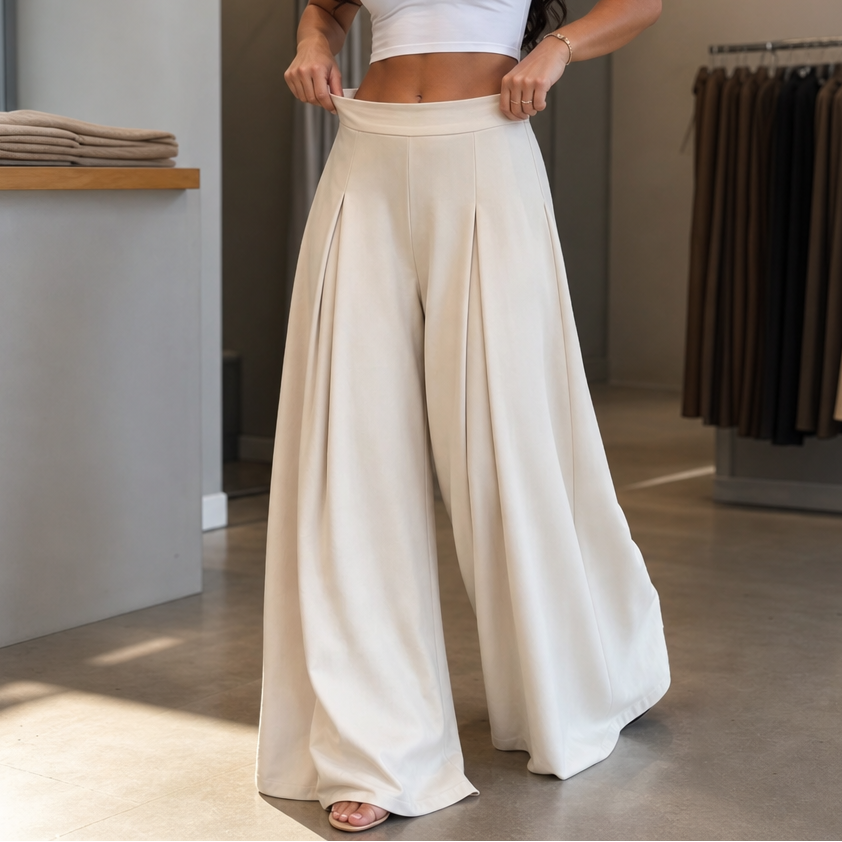 Alessa Stretch High-Waist Pleated Wide-Leg Pants
