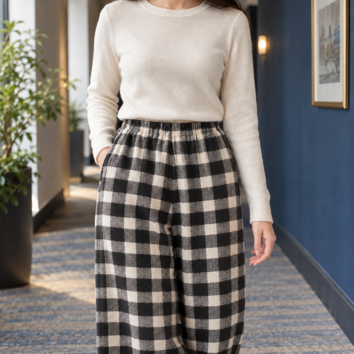 Delia Stretch Plaid Straight-Leg Pants