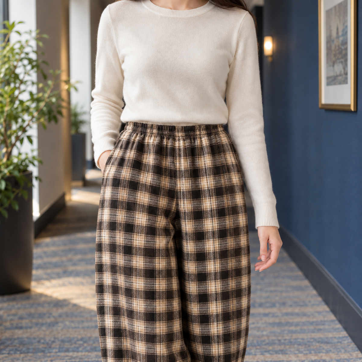 Delia Stretch Plaid Straight-Leg Pants