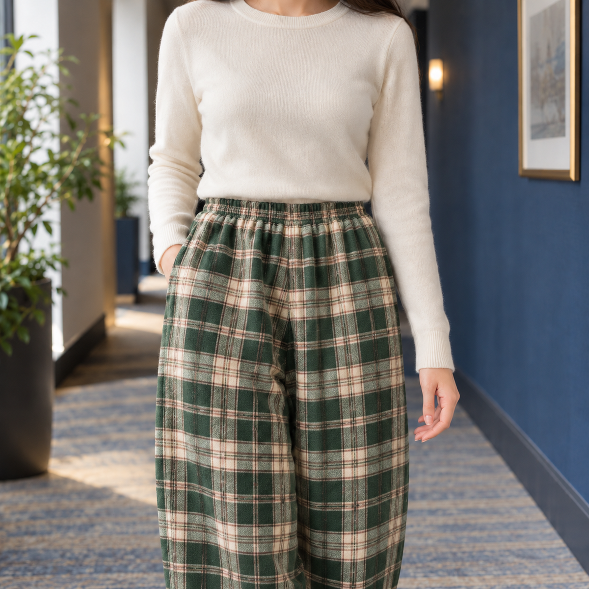 Delia Stretch Plaid Straight-Leg Pants