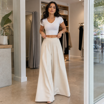 Alessa Stretch High-Waist Pleated Wide-Leg Pants