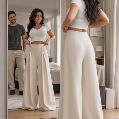 Alessa Stretch High-Waist Pleated Wide-Leg Pants