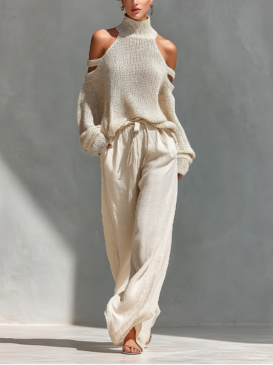 Arielle Cold Shoulder Knit Linen Pants Set