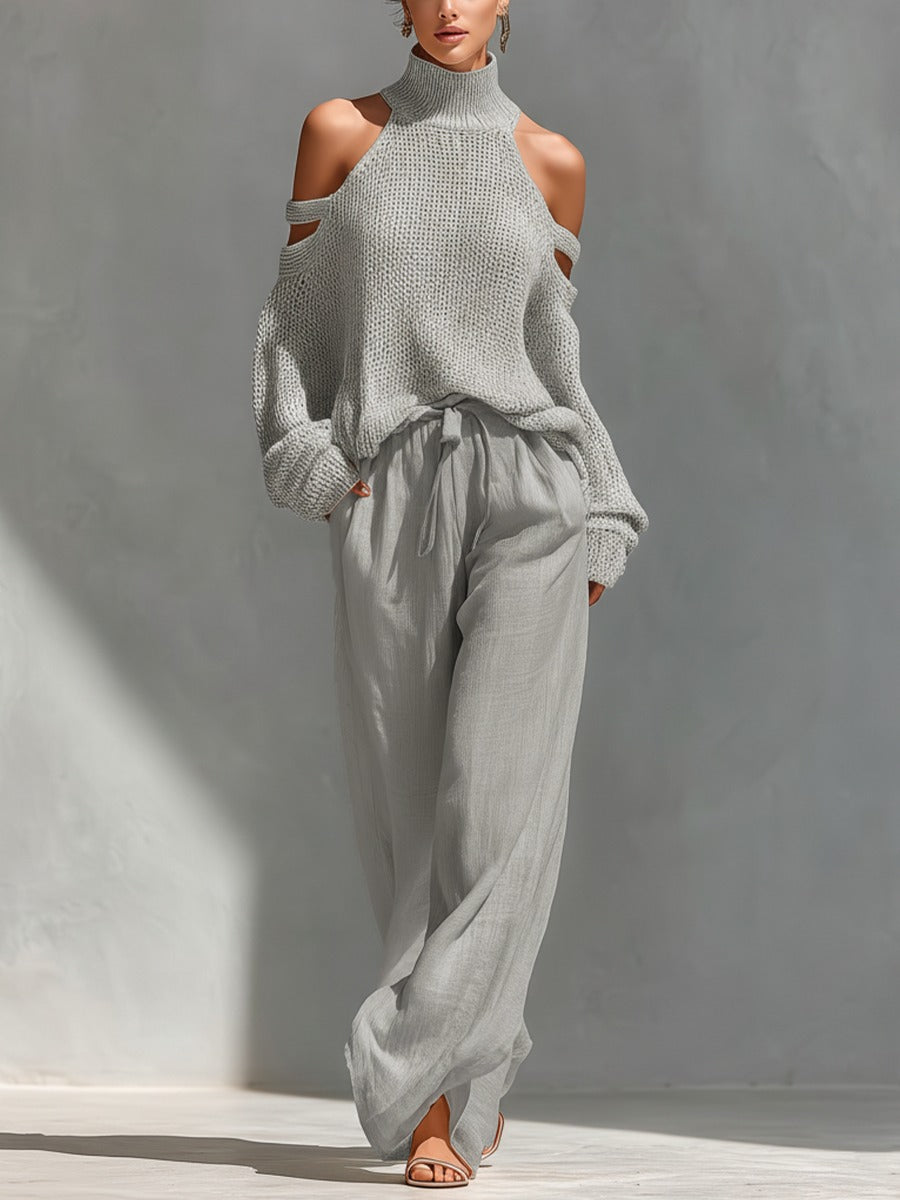 Arielle Cold Shoulder Knit Linen Pants Set