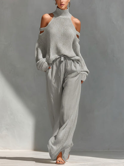 Arielle Cold Shoulder Knit Linen Pants Set