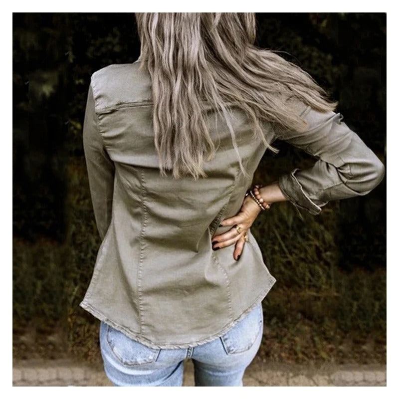 Delia Button-Front Denim Shirt Jacket