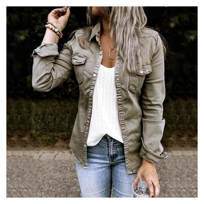 Delia Button-Front Denim Shirt Jacket