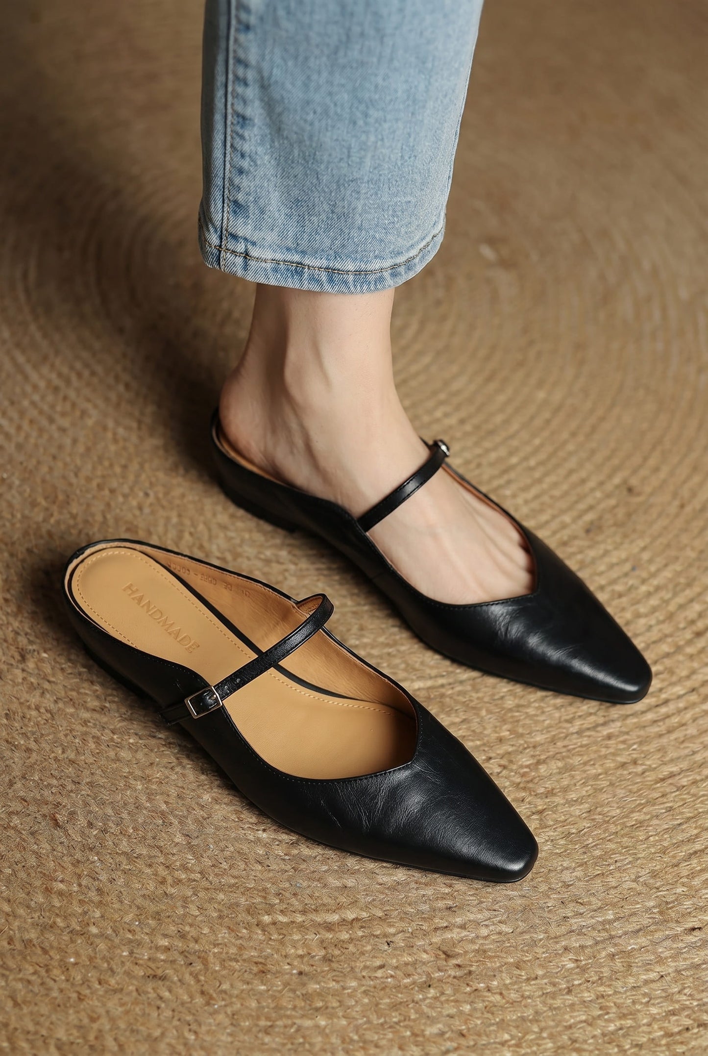 Elodie Pointed Toe Leather Mary Jane Mules