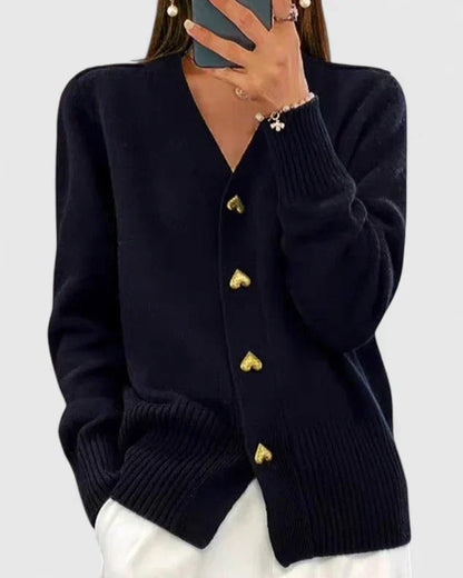 Margot Cashmere V-Neck Heart-Button Cardigan