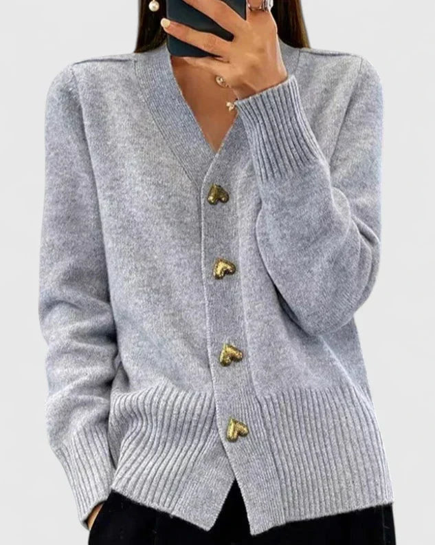 Margot Cashmere V-Neck Heart-Button Cardigan