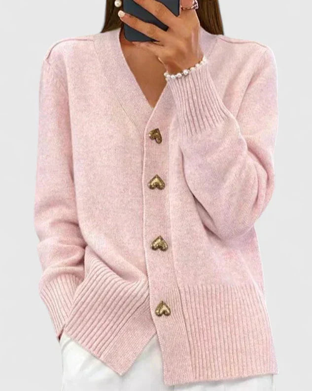 Margot Cashmere V-Neck Heart-Button Cardigan