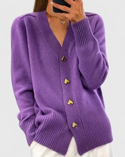 Margot Cashmere V-Neck Heart-Button Cardigan