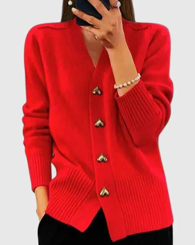 Margot Cashmere V-Neck Heart-Button Cardigan