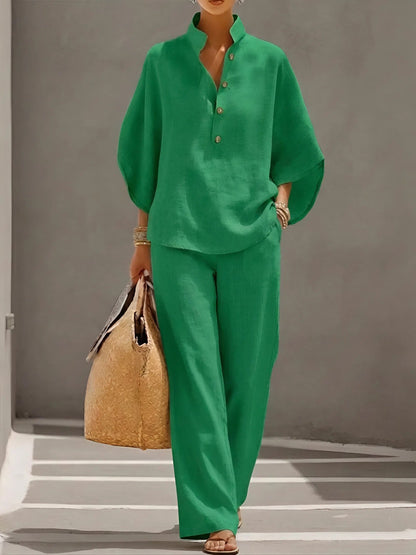 Arielle Mandarin Collar Linen Pant Set