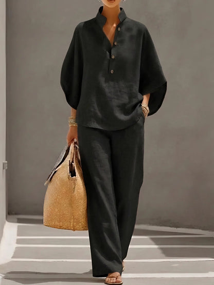 Arielle Mandarin Collar Linen Pant Set