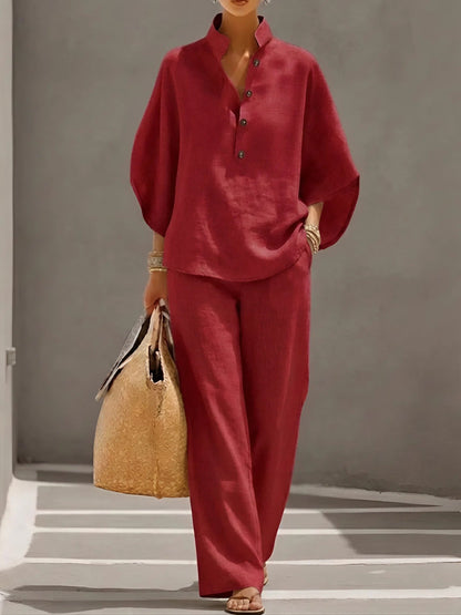 Arielle Mandarin Collar Linen Pant Set