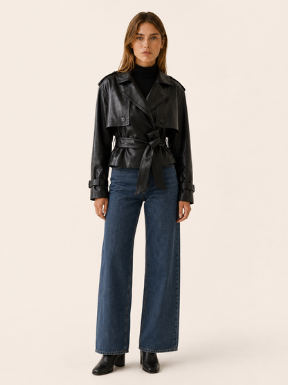 Milena Cropped Faux Leather Trench Jacket