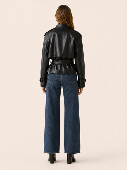 Milena Cropped Faux Leather Trench Jacket