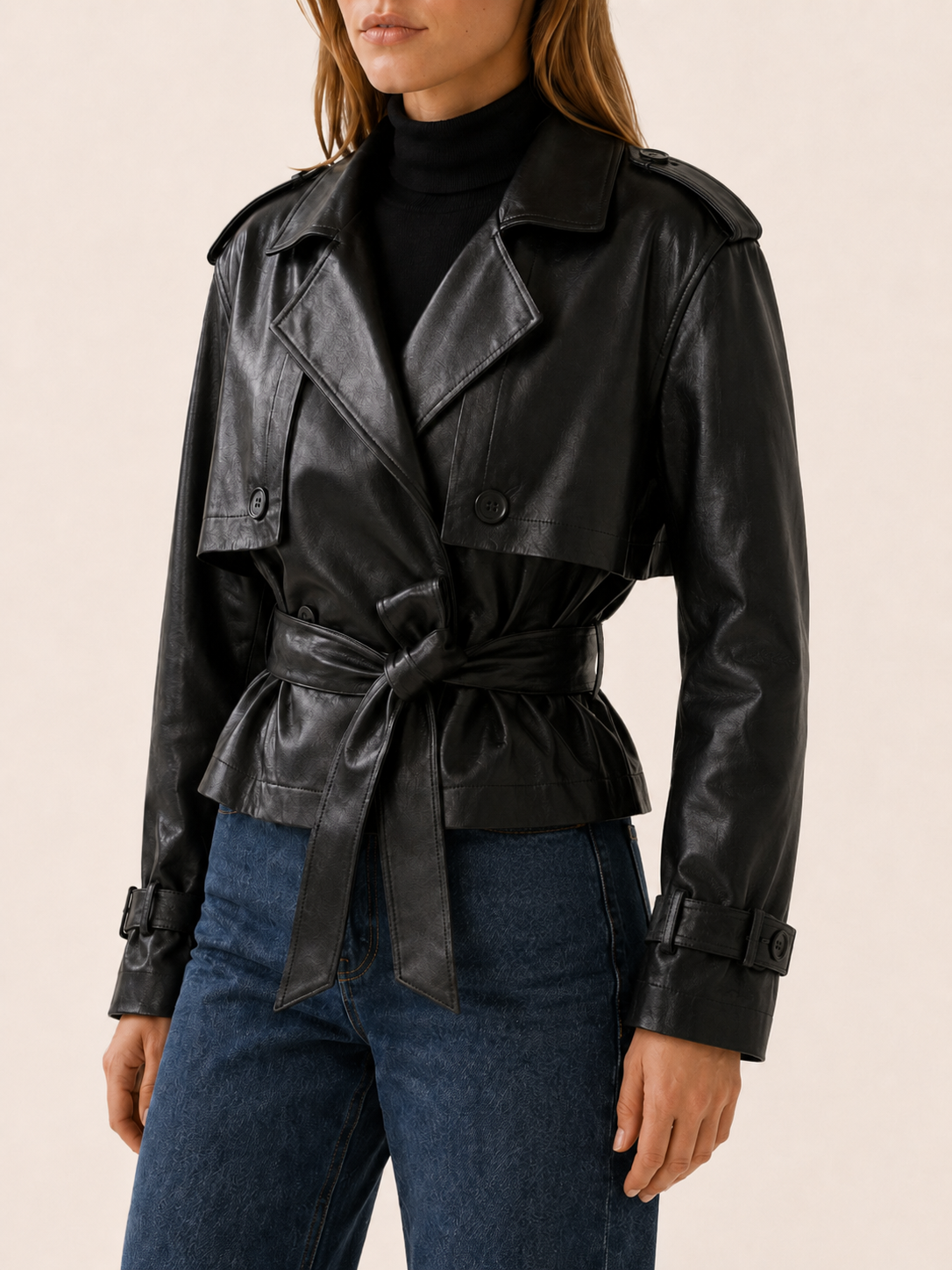 Milena Cropped Faux Leather Trench Jacket