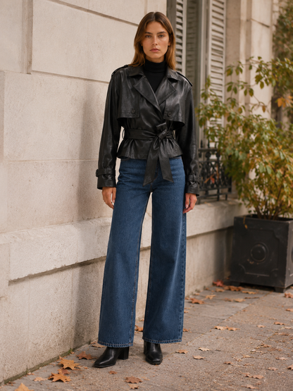 Milena Cropped Faux Leather Trench Jacket