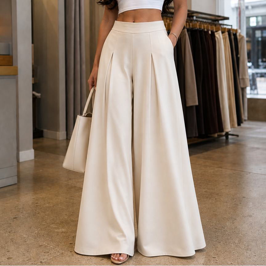 Alessa Stretch High-Waist Pleated Wide-Leg Pants
