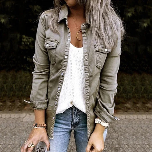 Delia Button-Front Denim Shirt Jacket