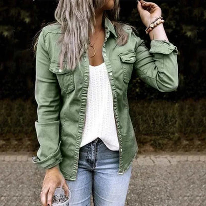 Delia Button-Front Denim Shirt Jacket